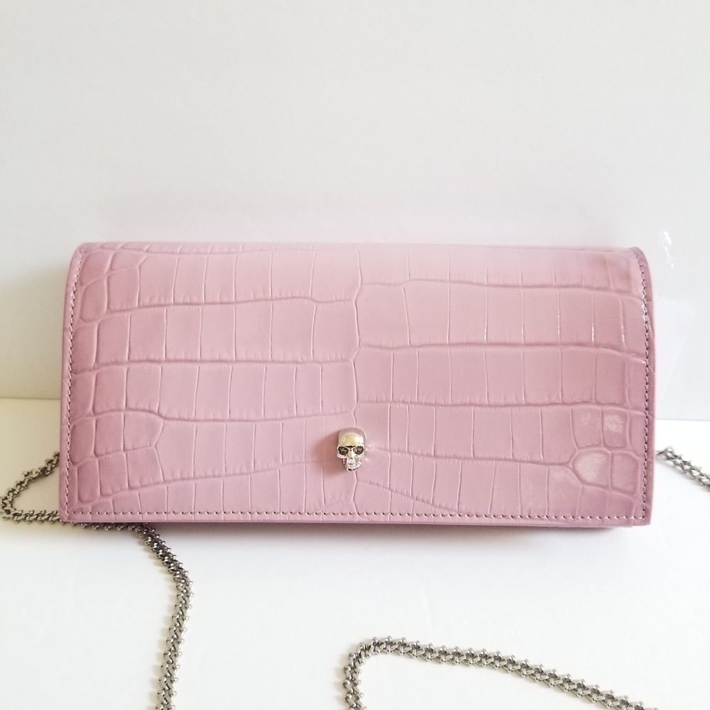 Alexander McQueen Croc-Embossed Leather Wallet-On-Chain Antic Pink - Picture 3 of 13